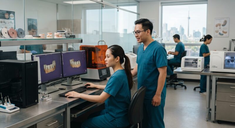 Dental technicians working on digital dental CAD designs in a modern lab - Medical Device Compliance for Dental Labs in Canada (Health Canada) in 2026
