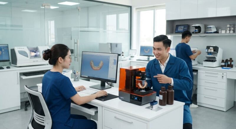 Dental technicians working on digital dental CAD designs in a modern lab - Starting a 3D dental lab business: costs and requirements 2026