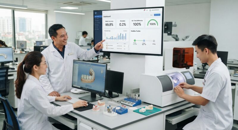 Dental technicians working on digital dental CAD designs in a modern lab - How a Dental Lab Portal Reduces Errors, Remakes and Delays in 2026