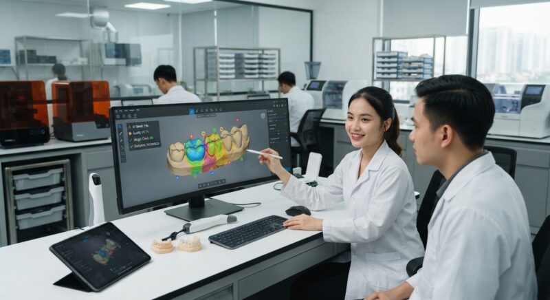 Dental technicians working on digital dental CAD designs in a modern lab - How AI Speeds Up Dental CAD Design Review and Quality Checks in 2026
