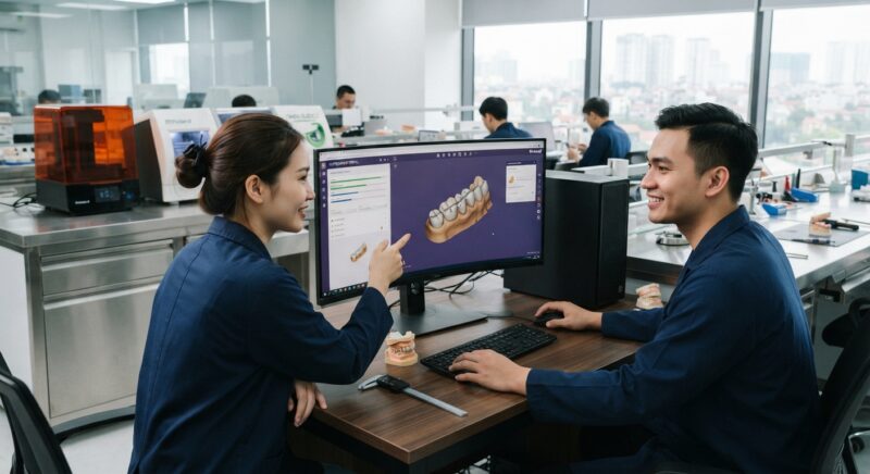 Dental technicians working on digital dental CAD designs in a modern lab - How to Integrate a Dental Design Outsourcing Portal with Your Lab Workflow in 2026