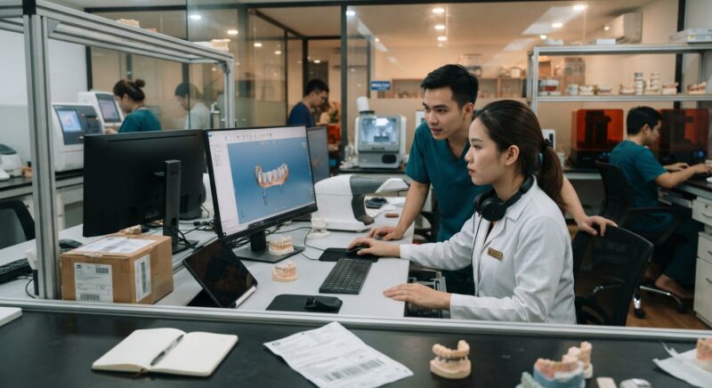 Dental technicians working on digital dental CAD designs in a modern lab - Hidden Costs of Outsourcing Dental Lab Work from the UK in 2026