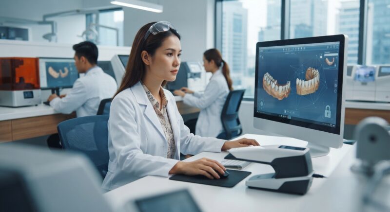 Dental technicians working on digital dental CAD designs in a modern lab - Data Privacy Risks for UK Dental Clinics Using Digital Scans in 2026