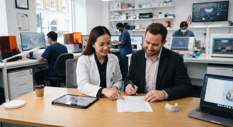 Dental technicians working on digital dental CAD designs in a modern lab - Things to Check Before Signing a Dental Lab Contract in the UK 2026
