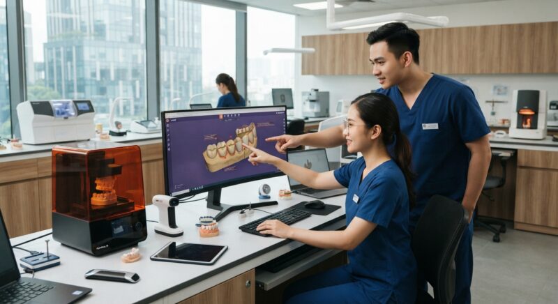 Dental technicians working on digital dental CAD designs in a modern lab - Common CAD CAM Design Errors and How to Fix Them in 2026