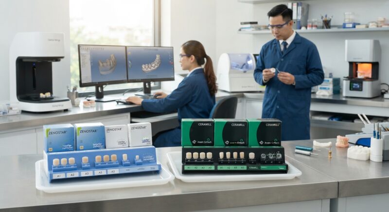 Dental technicians working on digital dental CAD designs in a modern lab - Ivoclar Zenostar vs Amann Girrbach zirconia blocks 2026: Ultimate Guide