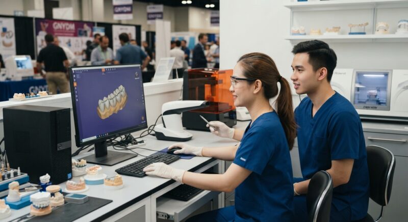 Dental technicians working on digital dental CAD designs in a modern lab - Digital dentistry and CAD CAM exhibits to look for at the Greater New York Dental Meeting, November 2026