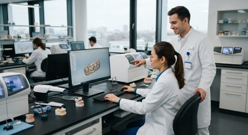 Dental technicians working on digital dental CAD designs in a modern lab - Continuing education points and certified CPD at German dental trade fairs and congresses, November 2026