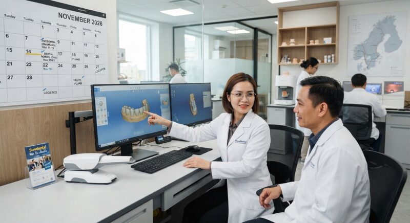Dental technicians working on digital dental CAD designs in a modern lab - How Danish clinics can plan a trip to Swedental and other Nordic dental events, November 2026