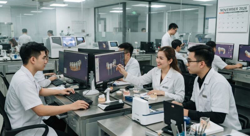 Dental technicians working on digital dental CAD designs in a modern lab - How UK dentists can plan overseas dental conferences for CPD at the end of 2026, November 2026