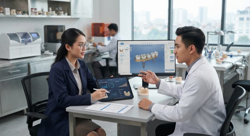 Dental technicians working on digital dental CAD designs in a modern lab - How to Read a Dental Manufacturer Press Release and Spot What Matters to Your Clinic, November 2026