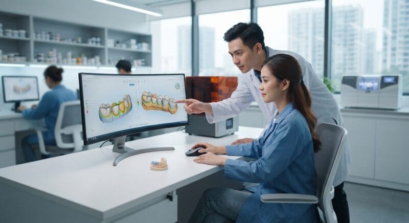 Dental technicians working on digital dental CAD designs in a modern lab - How 3D dental design reduces remake rates in 2026