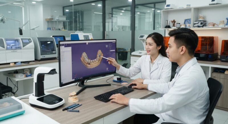 Dental technicians working on digital dental CAD designs in a modern lab - Dental CAD file requirements for outsourcing partners 2026