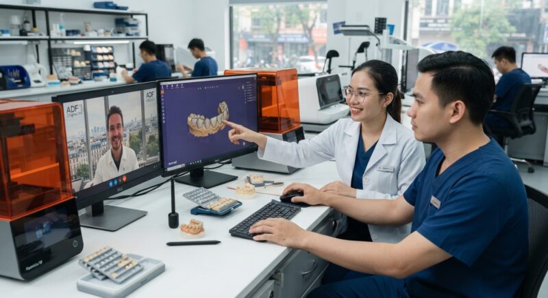 Dental technicians working on digital dental CAD designs in a modern lab - How French dental clinics can use the ADF Congress to find a CAD design partner, November 2026