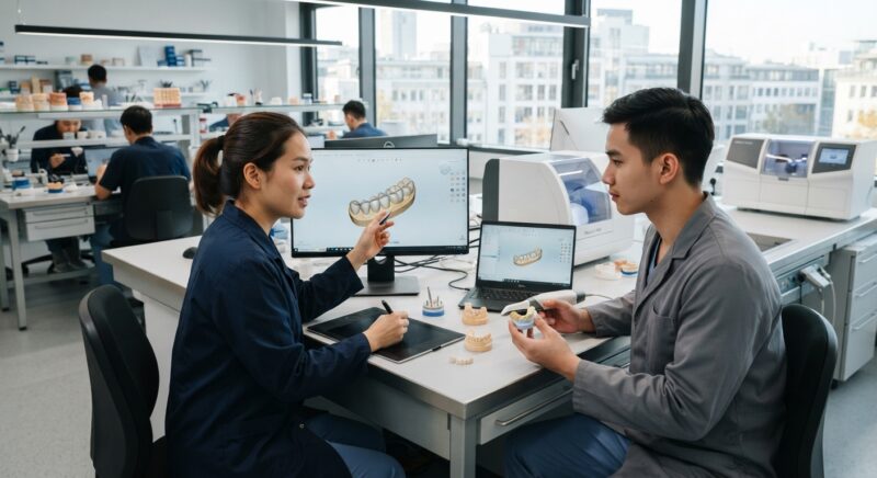 Dental technicians working on digital dental CAD designs in a modern lab - infotage FACHDENTAL Frankfurt guide for dentists: what the DIGIDENT digital format offers, November 2026