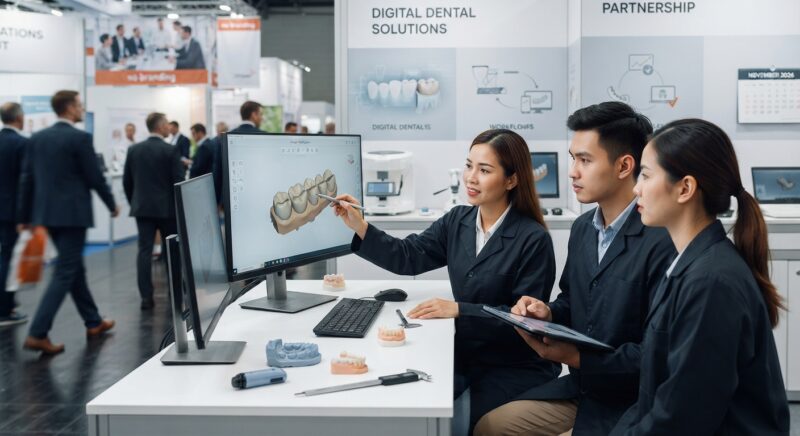 Dental technicians working on digital dental CAD designs in a modern lab - How German dental practices can use trade fairs to evaluate outsourced digital design partners, November 2026
