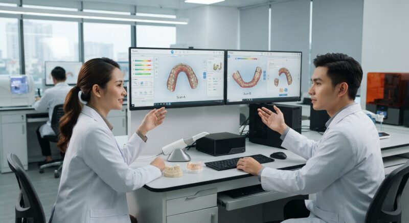 Dental technicians working on digital dental CAD designs in a modern lab - iTero vs TRIOS: Which Scanner Has the Better Workflow for Labs 2026?