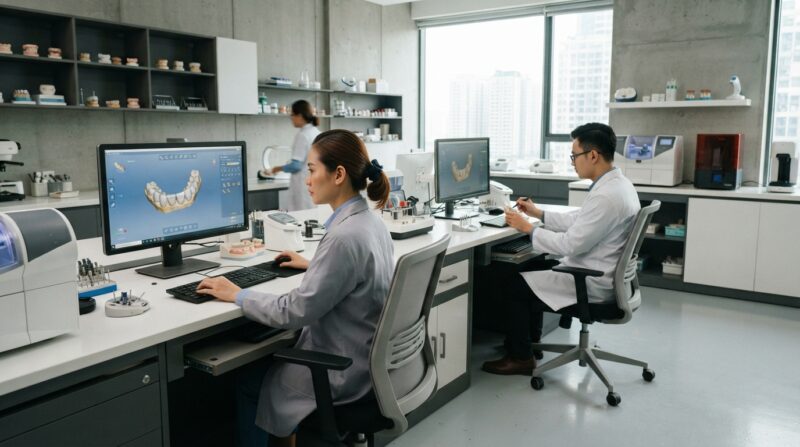Dental technician designing a restoration in CAD software at a computer workstation - Dental Practice Growth Stages Explained 2026: Outsourcing Guide