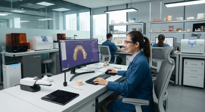 Dental technician designing a restoration in CAD software at a computer workstation - how to digitize a dental lab workflow in 2026