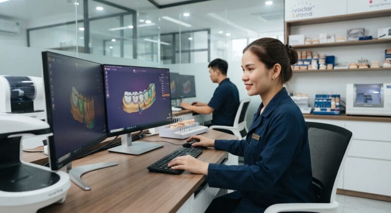 Dental technicians working on digital dental CAD designs in a modern lab - Dental CAD design pricing: what labs should expect to pay 2026