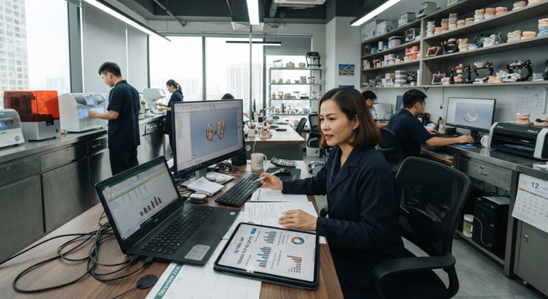 Dental lab owner reviewing cost and profit charts on a laptop - Year-End Checklist for Dental Clinic Owners Planning Equipment and Outsourcing Budgets for 2027, December 2026