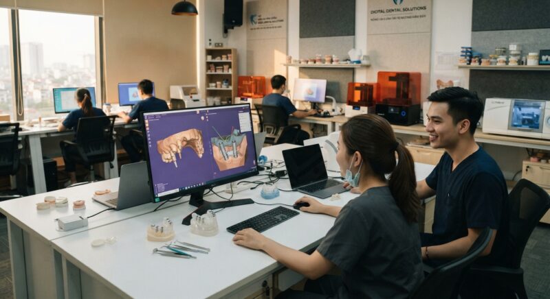 Implant and surgical guide design on screen with a printed guide on the desk - How to Plan a Surgical Guide Case with a Design Partner in 2026