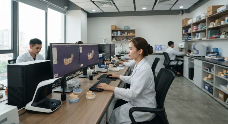 Dental technician designing a restoration in CAD software at a computer workstation - Managing Temporary Restorations in Digital Workflows 2026: A Comprehensive Guide