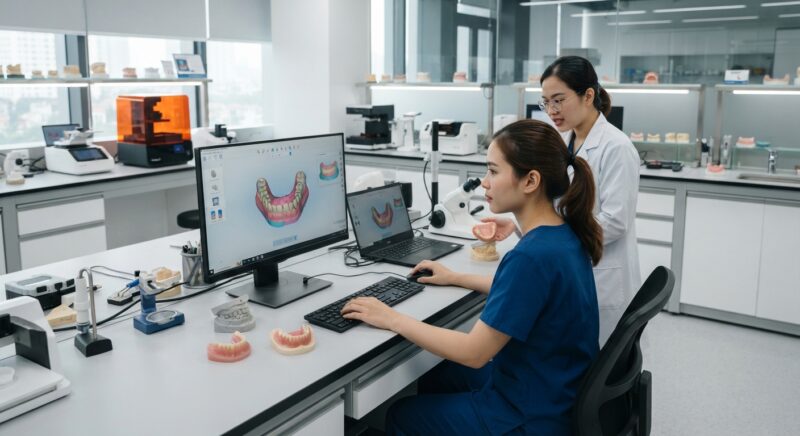 Digital denture design on screen with a printed denture base on the desk - Digital Denture Workflow for Dentists: Records and Try-in Steps in 2026