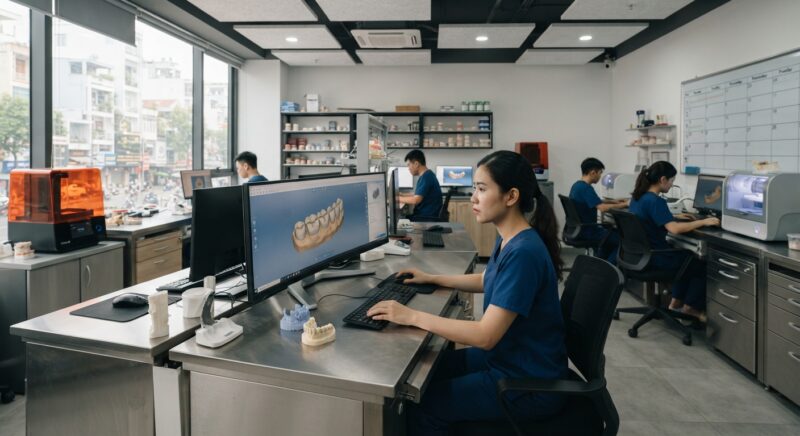 Dental technician designing a restoration in CAD software at a computer workstation - Continuing Education Requirements for Dentists in Denmark 2026