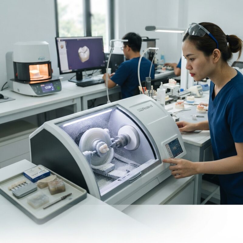 Dental milling machine cutting a zirconia crown in a dental laboratory - Shade Taking and Communication with the Lab for Zirconia Restorations 2026