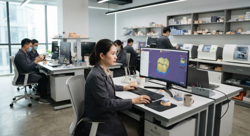 Dental technician designing a restoration in CAD software at a computer workstation - Choosing the Right Material for Posterior Crowns: Evidence-Based Guide 2026