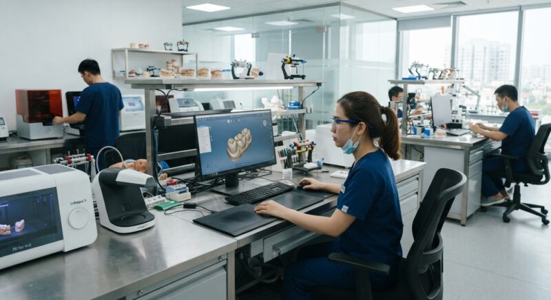 Dental technician designing a restoration in CAD software at a computer workstation - How to Choose a Postgraduate Dentistry Program with Digital Content in 2026