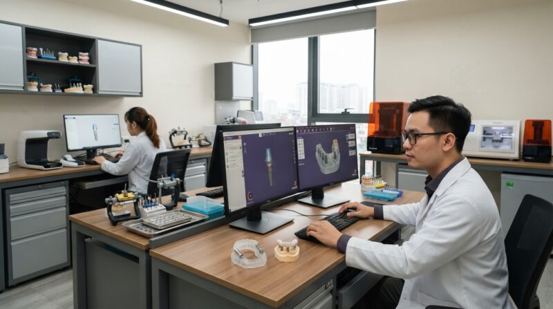 Implant and surgical guide design on screen with a printed guide on the desk - Digital Workflow for Single Implant Crowns from Scan to Delivery 2026