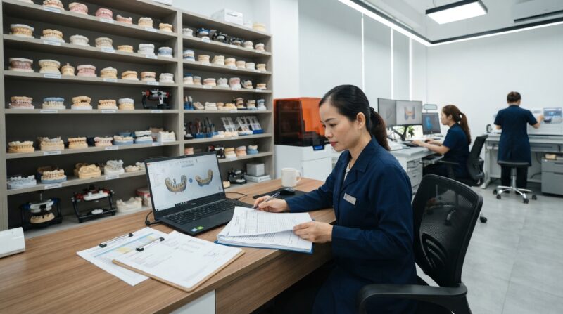 Dental lab manager reviewing compliance documents and invoices at a desk - Professional Indemnity and Compliance When Adopting Digital Workflows in 2026