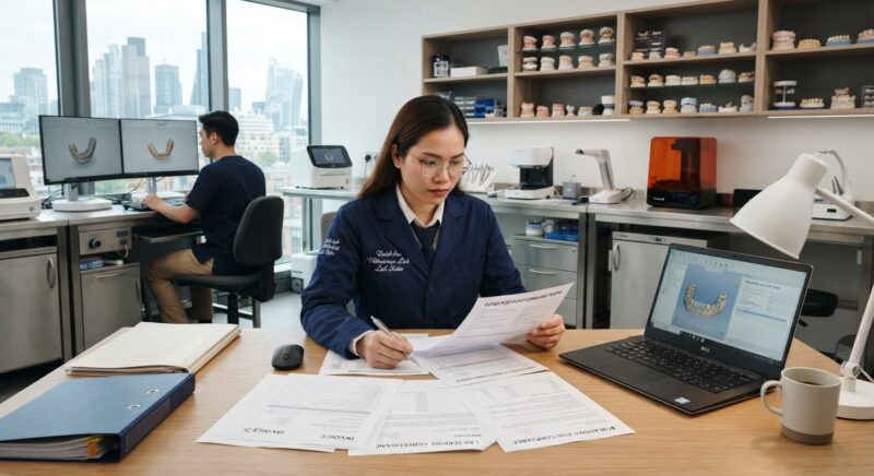 Dental lab manager reviewing compliance documents and invoices at a desk - Regulatory Requirements for Dentists Using Outsourced Design Services in the UK 2026