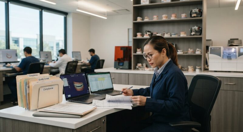 Dental lab manager reviewing compliance documents and invoices at a desk - Regulatory Requirements for Dentists Using Outsourced Design Services in the United States 2026