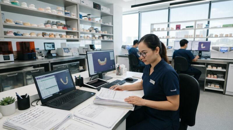 Dental lab manager reviewing compliance documents and invoices at a desk - Regulatory Requirements for Dentists Using Outsourced Design Services in Australia 2026