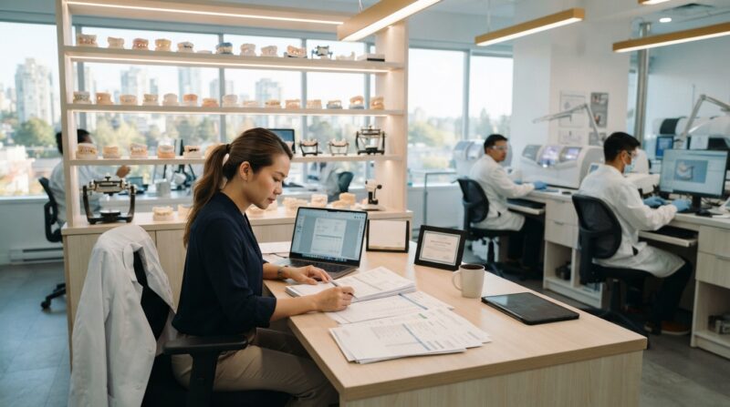 Dental lab manager reviewing compliance documents and invoices at a desk - Regulatory Requirements for Dentists Using Outsourced Design Services in Canada 2026