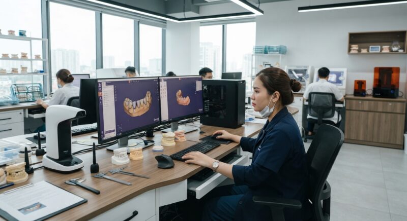 Dental technician designing a restoration in CAD software at a computer workstation - How to Document Dental Lab Work for Audits and Inspections in 2026