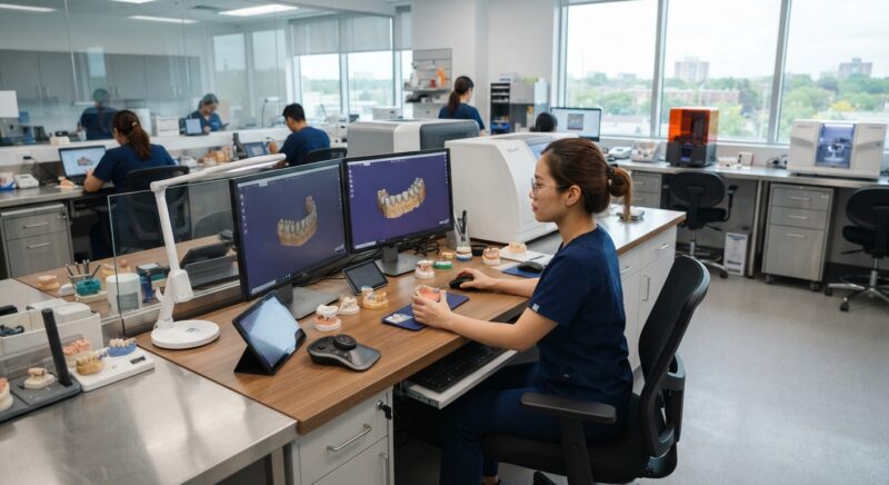 Dental technician designing a restoration in CAD software at a computer workstation - Dental Practice Trends Report for Canada: What Clinic Owners Should Know 2026