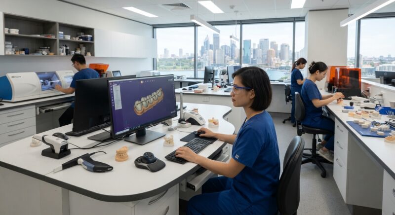 Dental technician designing a restoration in CAD software at a computer workstation - Australian dental workforce and practice report highlights for owners 2026