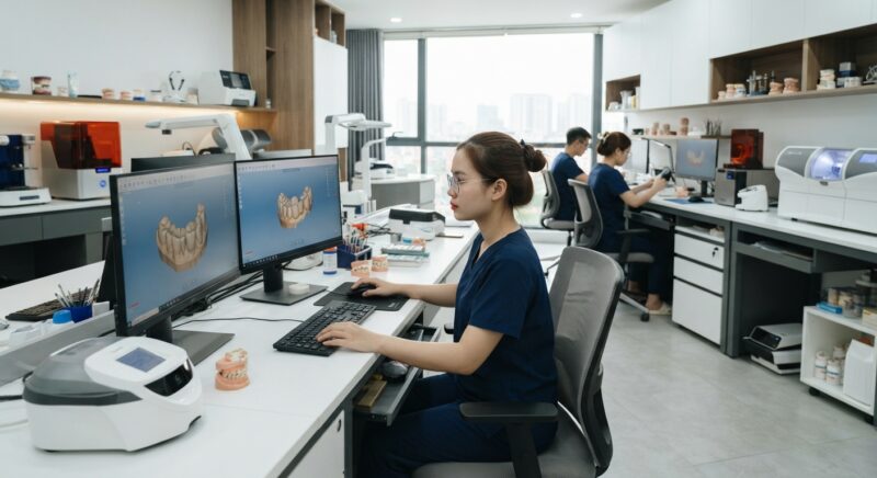 Dental technician designing a restoration in CAD software at a computer workstation - German dental market report highlights for practice owners 2026