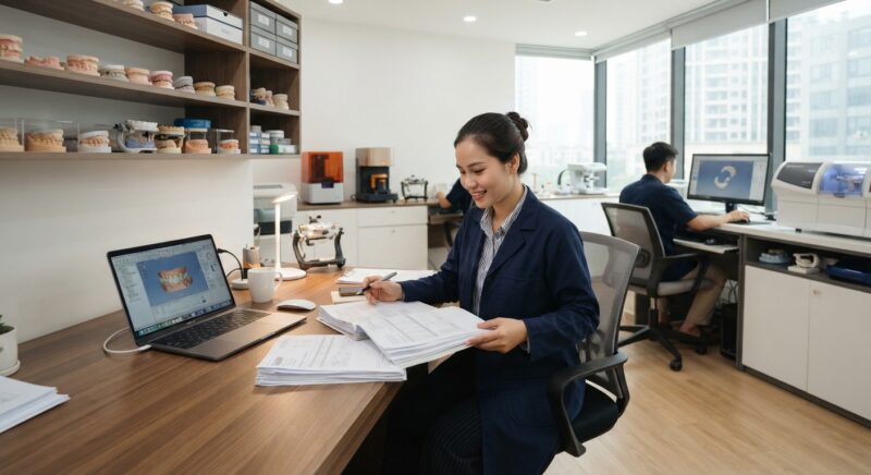 Dental lab manager reviewing compliance documents and invoices at a desk - Danish dental care system overview for private clinics 2026