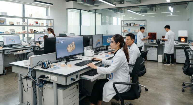 Dental technician designing a restoration in CAD software at a computer workstation - French dental practice landscape and digital adoption report 2026
