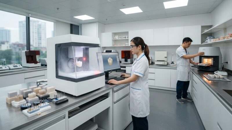 Dental milling machine cutting a zirconia crown in a dental laboratory - Systematic Review Summary: Survival Rates of Monolithic Zirconia Crowns 2026