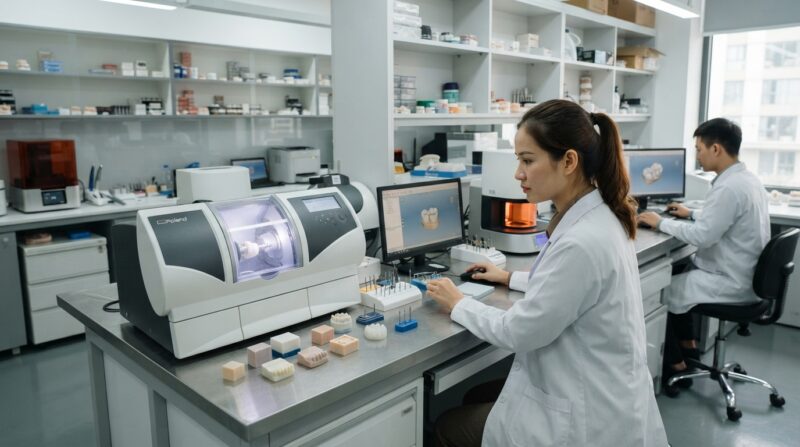 Dental milling machine cutting a zirconia crown in a dental laboratory - Evidence Summary: Lithium Disilicate Versus Zirconia for Single Crowns 2026