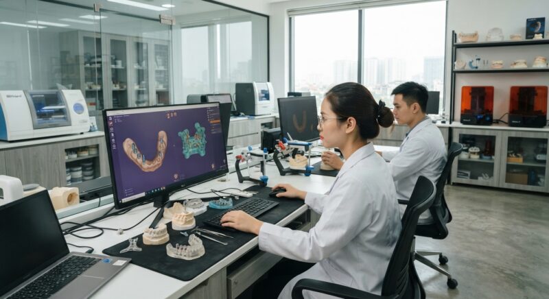 Implant and surgical guide design on screen with a printed guide on the desk - Research Review: Digital Versus Conventional Workflows for Implant Restorations 2026