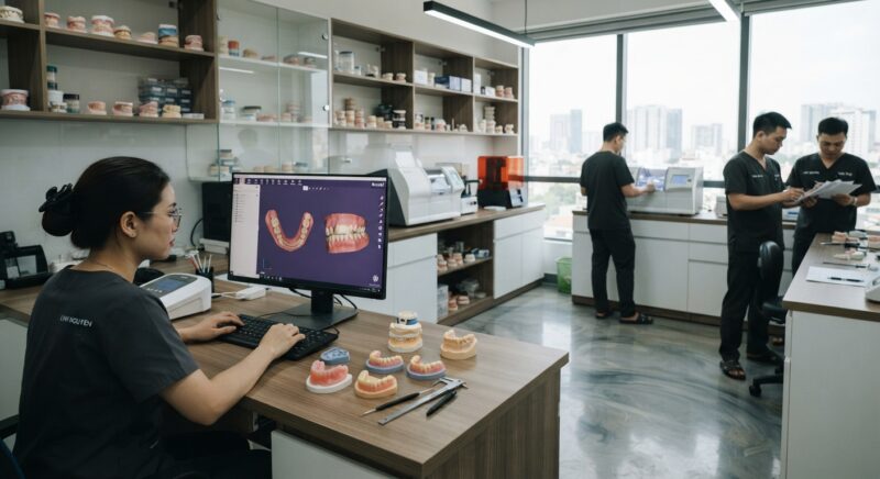 Digital denture design on screen with a printed denture base on the desk - Research Update on Digital Complete Dentures: Retention and Patient Satisfaction 2026