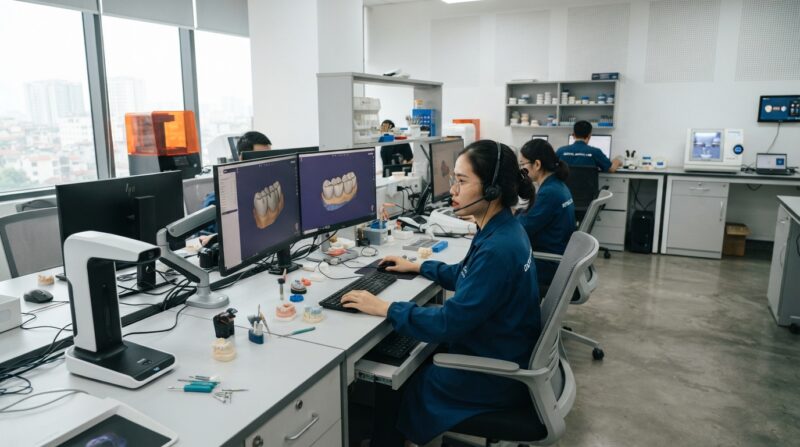 Dental technician designing a restoration in CAD software at a computer workstation - Report on Dental Labs Outsourcing Trends Reported by Clinics in 2026