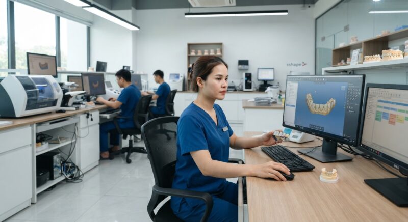 Dental technician designing a restoration in CAD software at a computer workstation - Industry Report: DSO Growth and What It Means for Independent Dentists in 2026